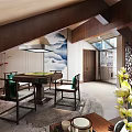 Traditional Chinese Interior With Wooden Ceiling Landscape Painting Tea Table And Flower Vases
