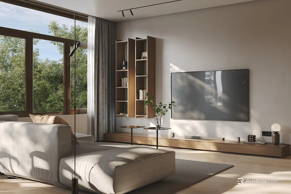 Modern Living Room Interior Design With Large Windows Light Sofa TV Stand And Bookshelf 3d model 