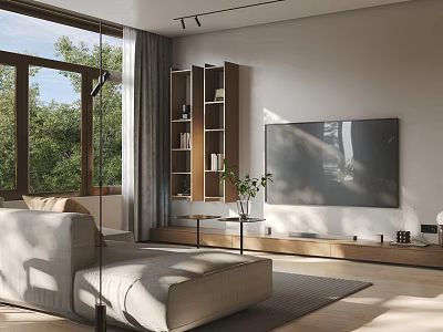 Modern Living Room Interior Design With Large Windows Light Sofa TV Stand And Bookshelf 3d model