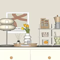 Decorative Ornament Set With Stacked Lamp Tulips Vase Coffee Pot Mugs Tray On Light Cabinet