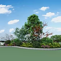 Lush Shrubs in Circular Garden Area with Central Trees Flowers and Blue Sky