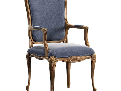 Elegant Blue Upholstered Dining Chair With Carved Wooden Frame And Armrests 3d model