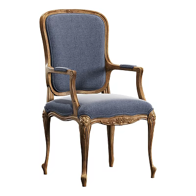 Elegant Blue Upholstered Dining Chair With Carved Wooden Frame And Armrests 3d model