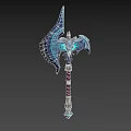 Ornate Glowing Axe With Blue Luminous Details Wing Like Structure And Purple Gold Handle