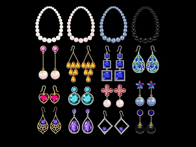 Elegant Jewelry Pendants Including Pearl Necklaces And Colorful Gemstone Earrings With Various Shapes 3d model