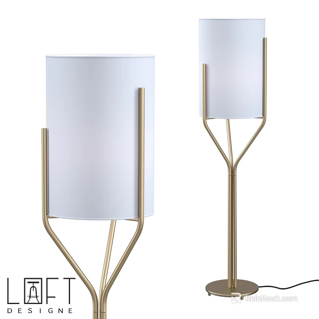 Modern Floor Lamp With Golden Metal Stand And White Cylindrical Shade 3d model 