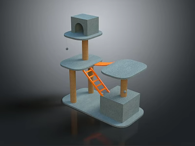 Cat Tree With Multi Level Platforms Cozy House Orange Ladder And Sturdy Support Posts 3d model