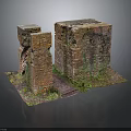 Ancient Weathered Brick Ruins With Moss Covered Stone Blocks And Archway