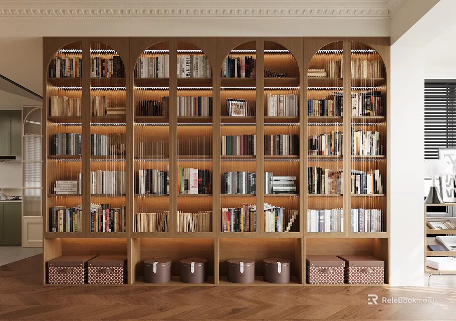 Elegant Wooden Bookcase Interior Design With Multiple Compartments Books And Storage Baskets 3d model