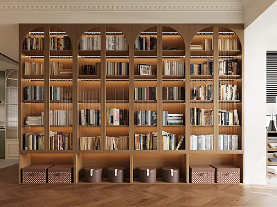 Elegant Wooden Bookcase Interior Design With Multiple Compartments Books And Storage Baskets 3d model