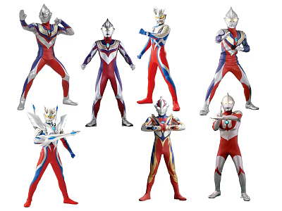 Ultraman Game Movie Superhero Characters In Colorful Red Blue Silver Suits With Different Action Poses 3d model
