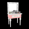 Modern Pink And White Dressing Table With Round Bulb Mirror And Cosmetics 3d model