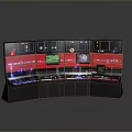 Modern Curved Multi Screen Control Center With Red Background Display Panels And Buttons