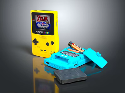 Yellow Game Boy Classic Retro Portable Entertainment Device With Zelda Game Display And Blue Accessory 3d model