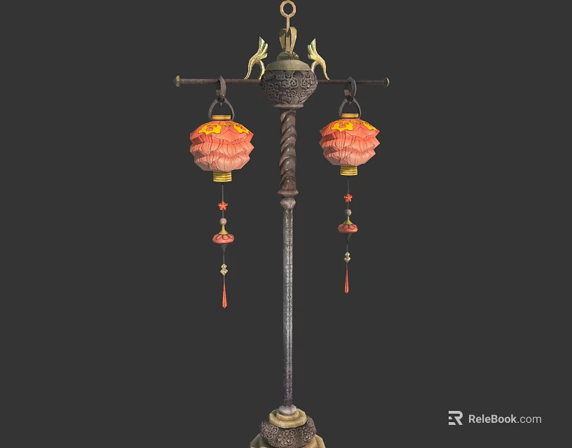 Traditional Chinese Style Floor Lamp With Two Lantern Shades And Tassel Decorations 3d model 