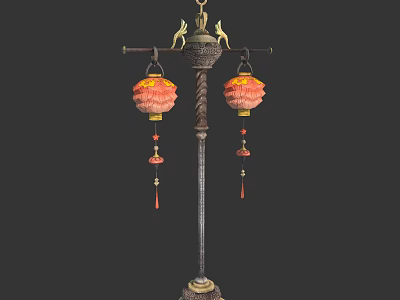 Traditional Chinese Style Floor Lamp With Two Lantern Shades And Tassel Decorations 3d model
