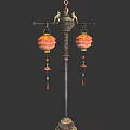 Traditional Chinese Style Floor Lamp With Two Lantern Shades And Tassel Decorations