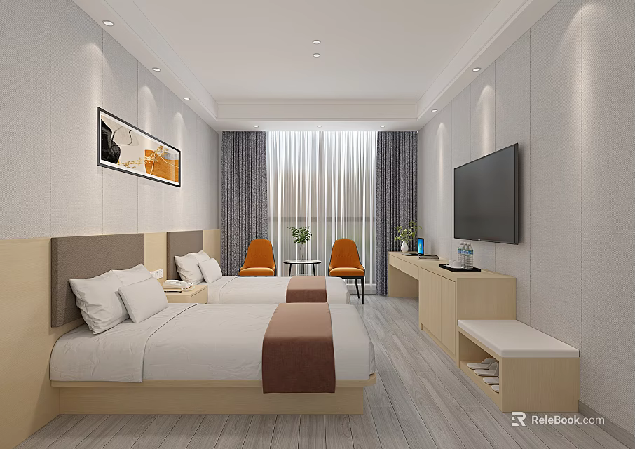 Modern Hotel Guest Room With Twin Beds Orange Chairs Flat Screen TV And Wall Painting 3d model 