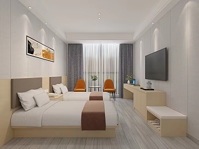 Modern Hotel Guest Room With Twin Beds Orange Chairs Flat Screen TV And Wall Painting 3d model