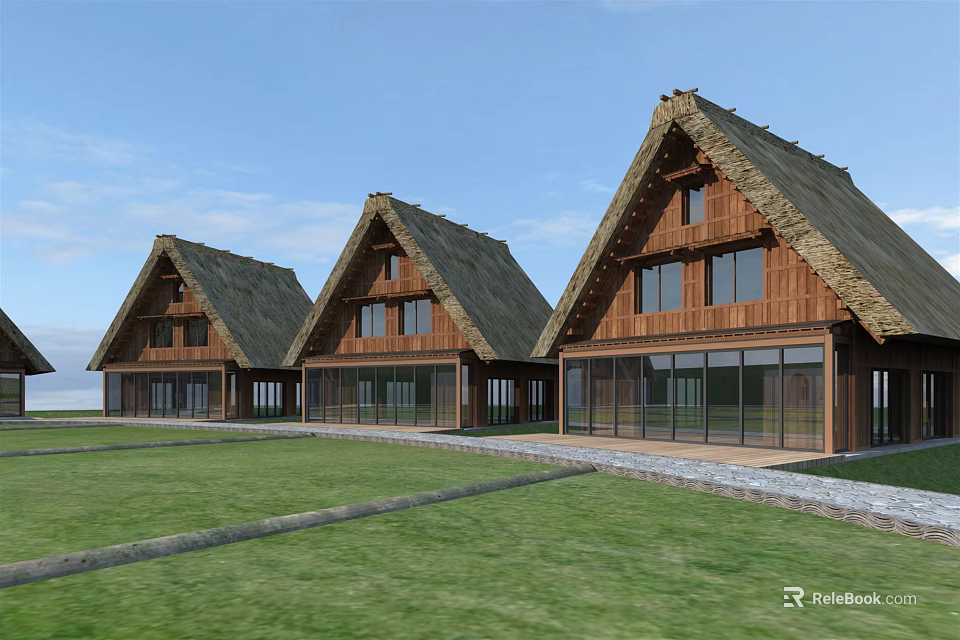 Traditional Thatched Roof Cottage Architecture With Wooden Structure Large Glass Windows And Green Lawn 3d model 