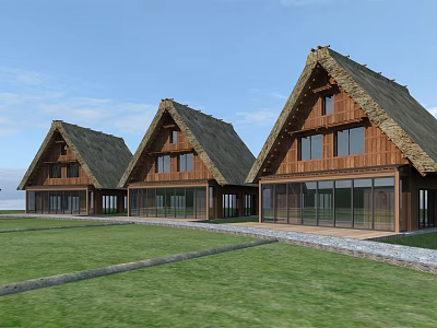 Traditional Thatched Roof Cottage Architecture With Wooden Structure Large Glass Windows And Green Lawn 3d model