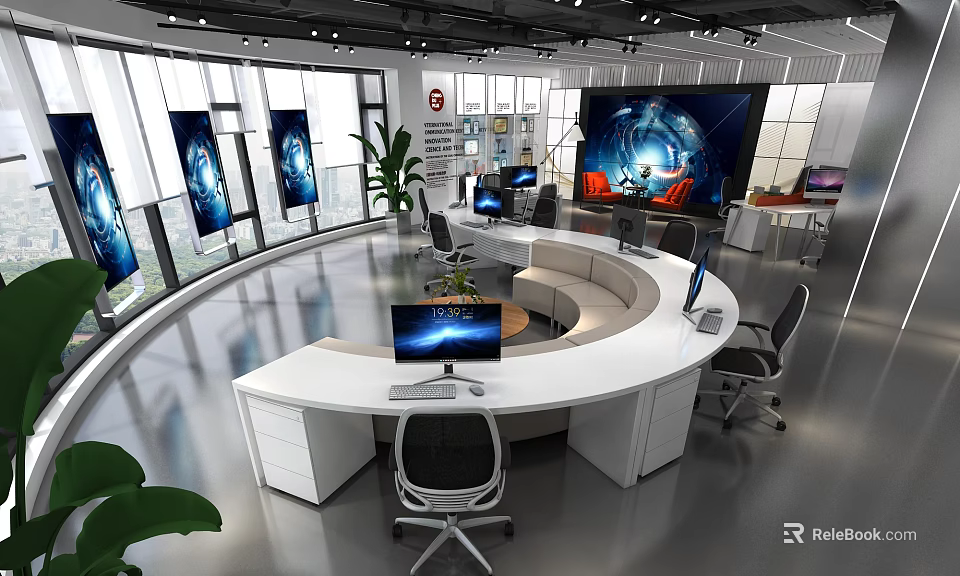 Modern Public Office Space Interior With Curved White Desks Computers Green Plants And Large Windows 3d model 