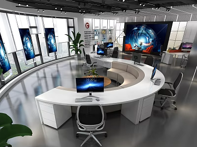 Modern Public Office Space Interior With Curved White Desks Computers Green Plants And Large Windows 3d model