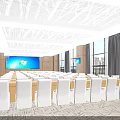 Modern Spacious Conference Room Interior With White Chairs Long Tables And Large Screen