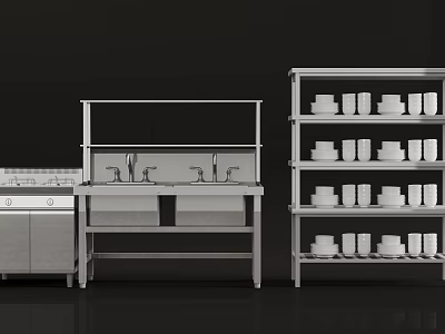 Stainless Steel Kitchenware Set With Double Sink Cooktop And Multi Tiered Shelves For Dishes 3d model