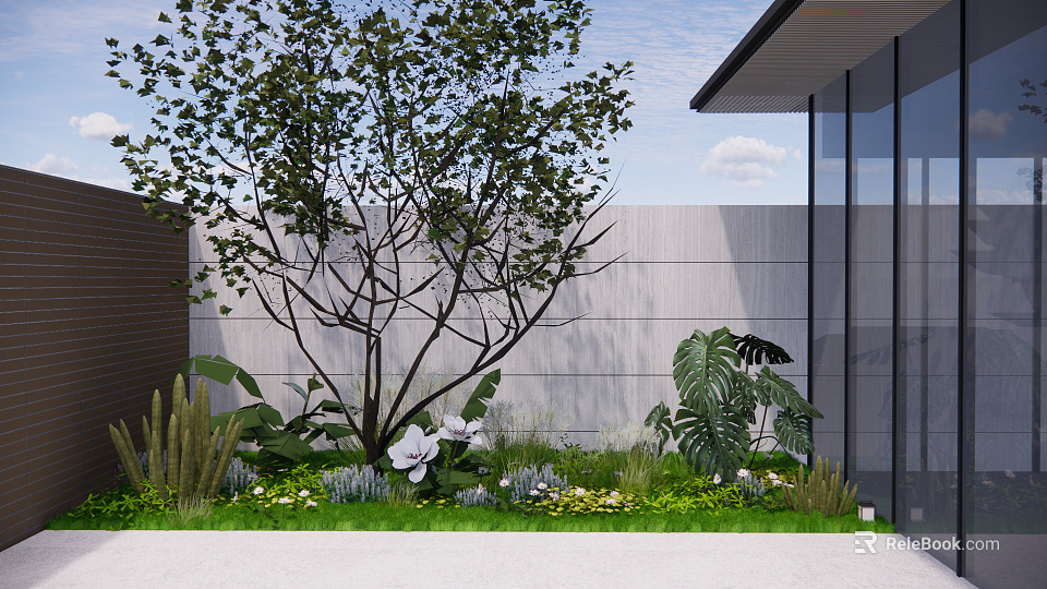 Lush Garden Greenery With Tall Tree Orchids And Varied Plants Against Modern Wall 3d model 