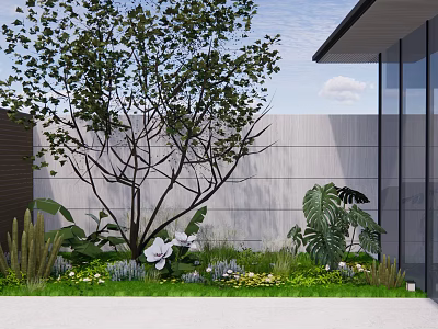 Lush Garden Greenery With Tall Tree Orchids And Varied Plants Against Modern Wall 3d model