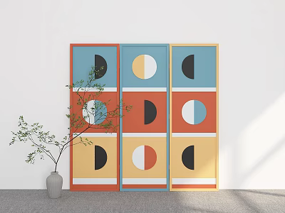 Colorful Three Panel Room Divider with Geometric Circle Patterns and Vase with Green Branches 3d model