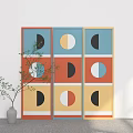 Colorful Three Panel Room Divider with Geometric Circle Patterns and Vase with Green Branches