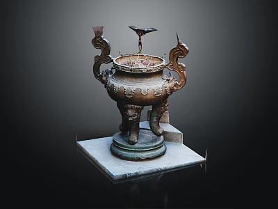 Ancient Bronze Ding With Dragon Handles Bird Ornament And Intricate Carvings On Square Base 3d model