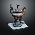 Ancient Bronze Ding With Dragon Handles Bird Ornament And Intricate Carvings On Square Base
