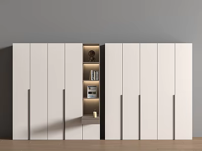 Modern White Wardrobe with Open Shelf Lighting Decorative Items and Books on Wooden Floor 3d model