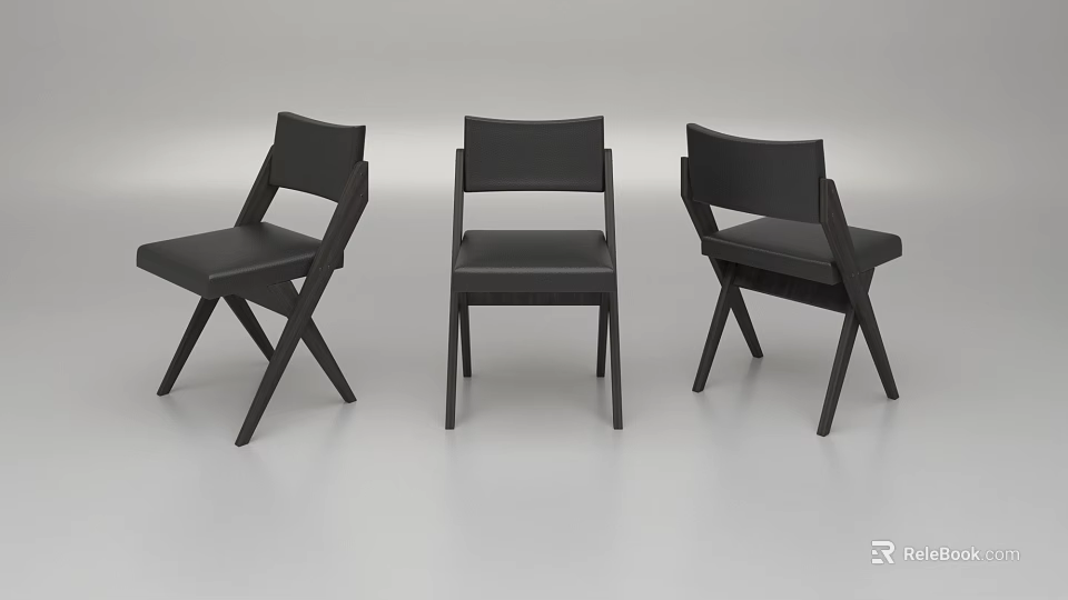 Three Modern Leisure Chairs With Wooden Frame Black Upholstery And Crossed Legs Design 3d model 