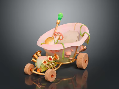 Decorative Toy Car With Pink Green Decorations Wooden Wheels Flowers And Mushrooms 3d model