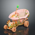 Decorative Toy Car With Pink Green Decorations Wooden Wheels Flowers And Mushrooms
