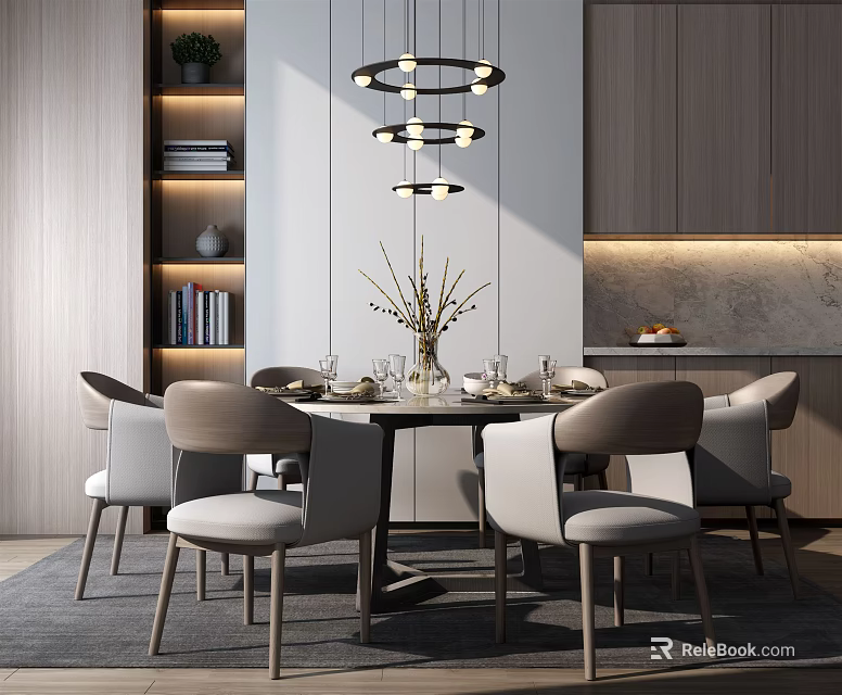 Modern Dining Table Set With Comfortable Chairs Hanging Lights And Wooden Bookshelf 3d model 