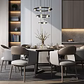 Modern Dining Table Set With Comfortable Chairs Hanging Lights And Wooden Bookshelf