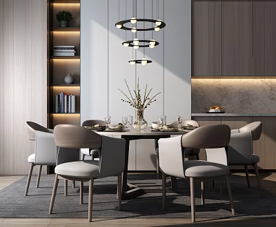Modern Dining Table Set With Comfortable Chairs Hanging Lights And Wooden Bookshelf 3d model