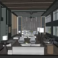 Modern Sales Office Interior Design With Wooden Ceiling Large Windows Bookshelves And Sofa Seating Area