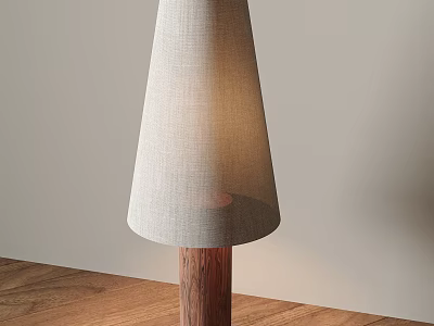 Modern Floor Lamp With Light Fabric Shade And Wooden Base On Wooden Floor 3d model
