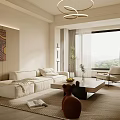 Modern Living Room Interior With Circular Pendant Lights TV Stand Coffee Table And Armchair