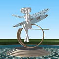 Silver Fairy Sculpture With Wings On Circular Golden Striped Base By Pond
