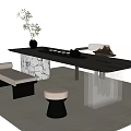 Modern Tea Table and Chairs Setup With Tea Set Potted Plant And Stools 3d model