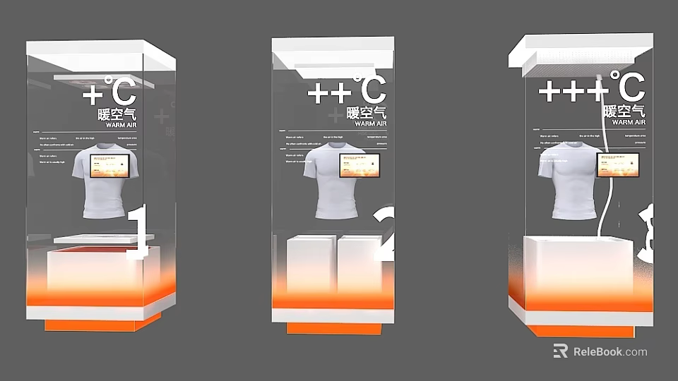 Corporate Exhibition Hall with Transparent Display Cases Featuring White T-Shirts Digital Screens and Orange Bases 3d model 