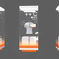 Corporate Exhibition Hall with Transparent Display Cases Featuring White T-Shirts Digital Screens and Orange Bases