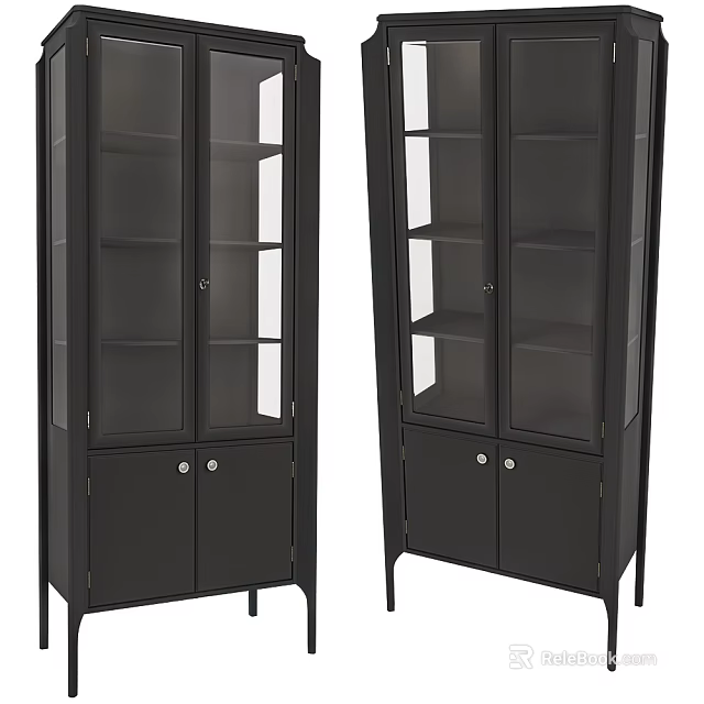 Pair of Black Storage Bookcases With Glass Front Doors Wooden Cabinets And Metal Legs 3d model 